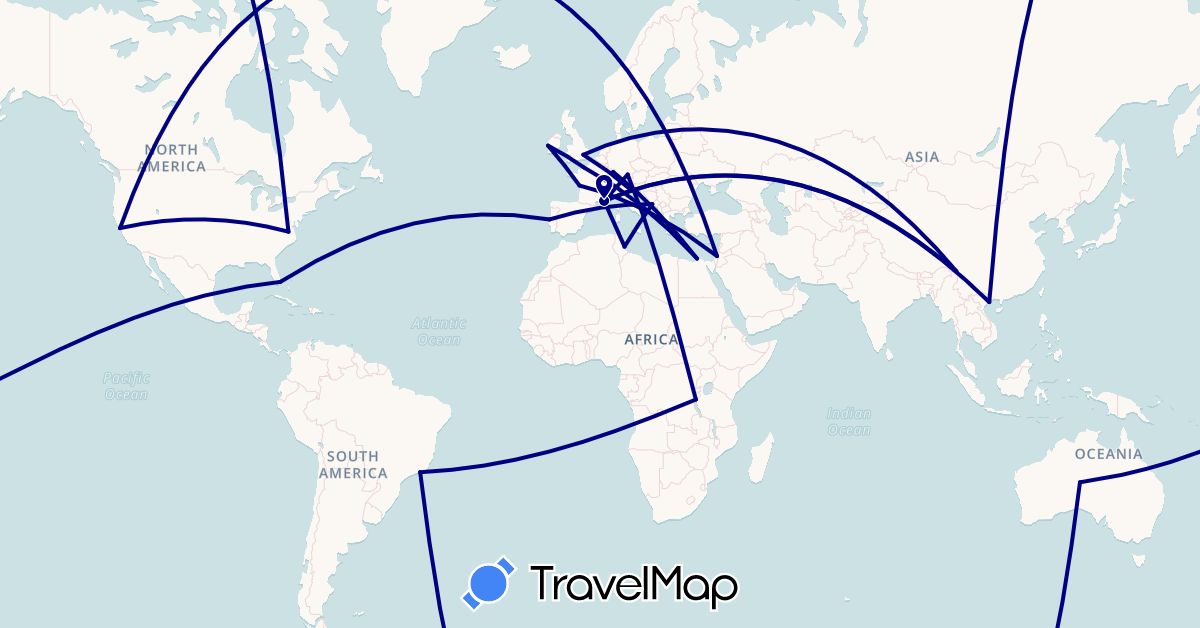 TravelMap itinerary: driving in Australia, Burundi, Brazil, China, Germany, Egypt, France, United Kingdom, Croatia, Ireland, Israel, Italy, Portugal, Tunisia, United States, Vietnam (Africa, Asia, Europe, North America, Oceania, South America)